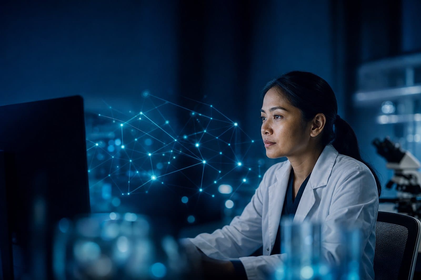 A scientist working with an ambient network of data, representing ArrowBiome's human-led, AI-amplified operating model.