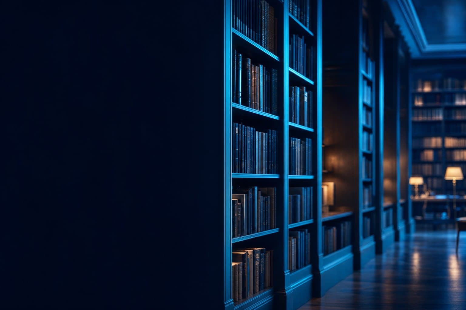 A modern library, lit in navy and cyan