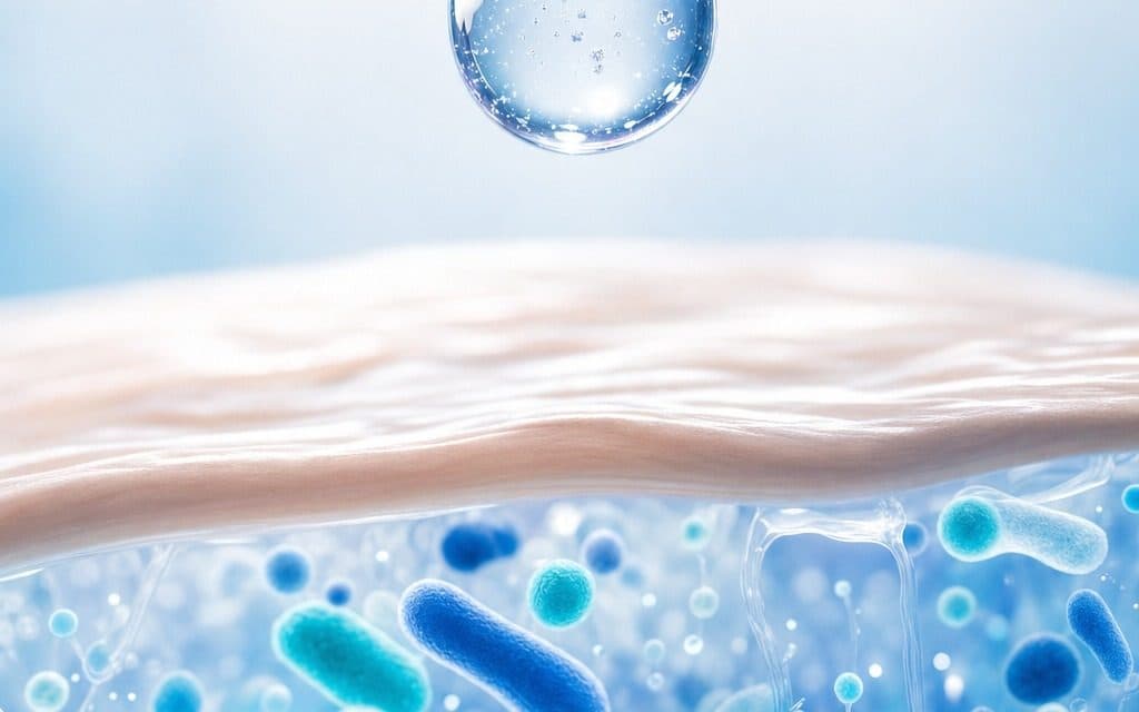 Abstract illustration of a droplet above skin with a balanced microbiome layer beneath