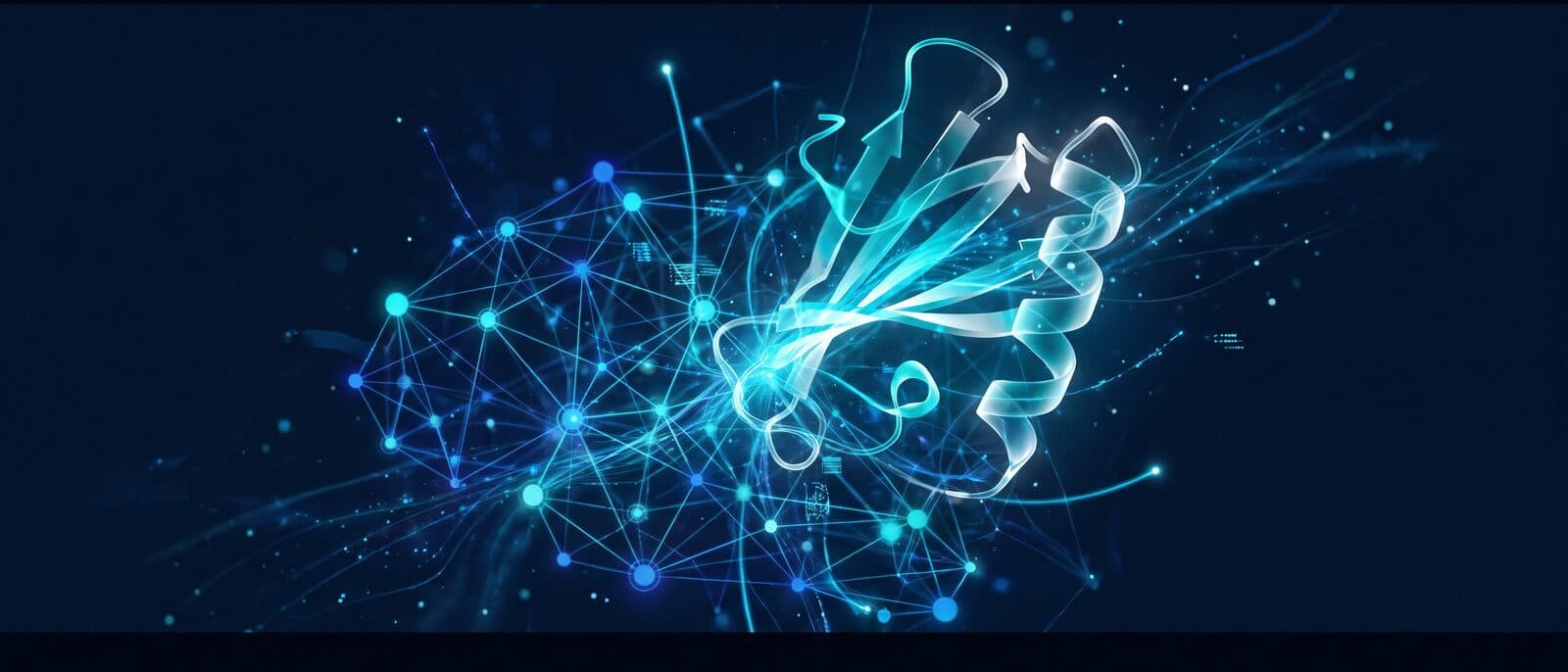 Abstract navy and cyan illustration of a protein structure over a network
