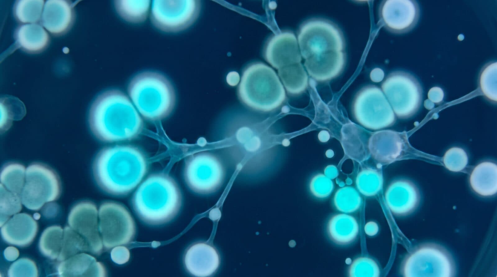 Abstract navy and cyan illustration of a balanced microbial community