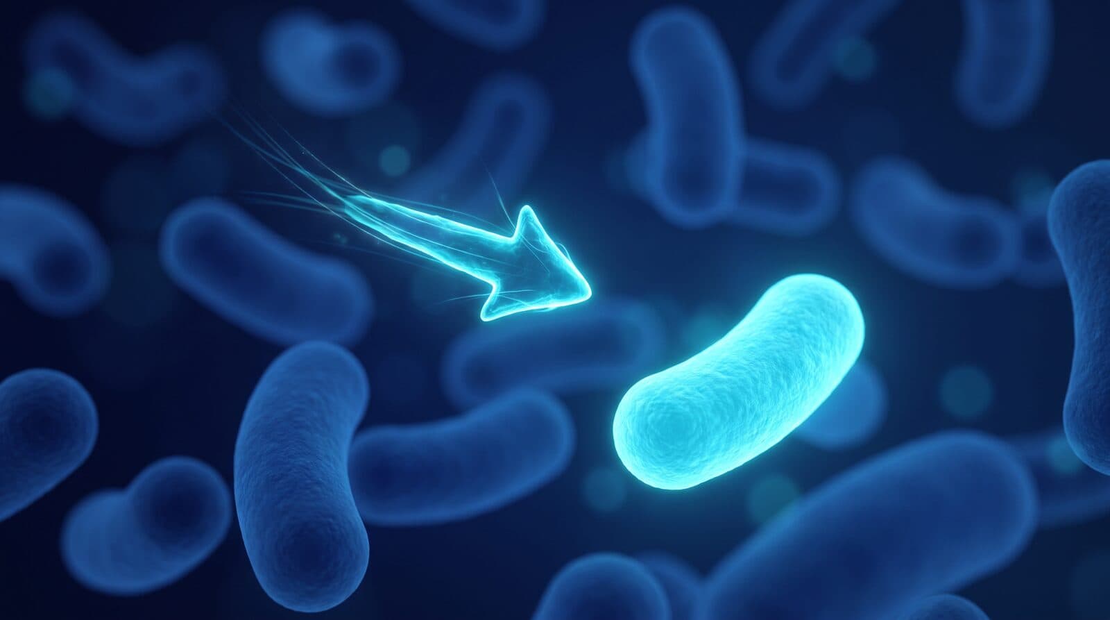 Abstract illustration of a guided arrow reaching a single bacterium among many