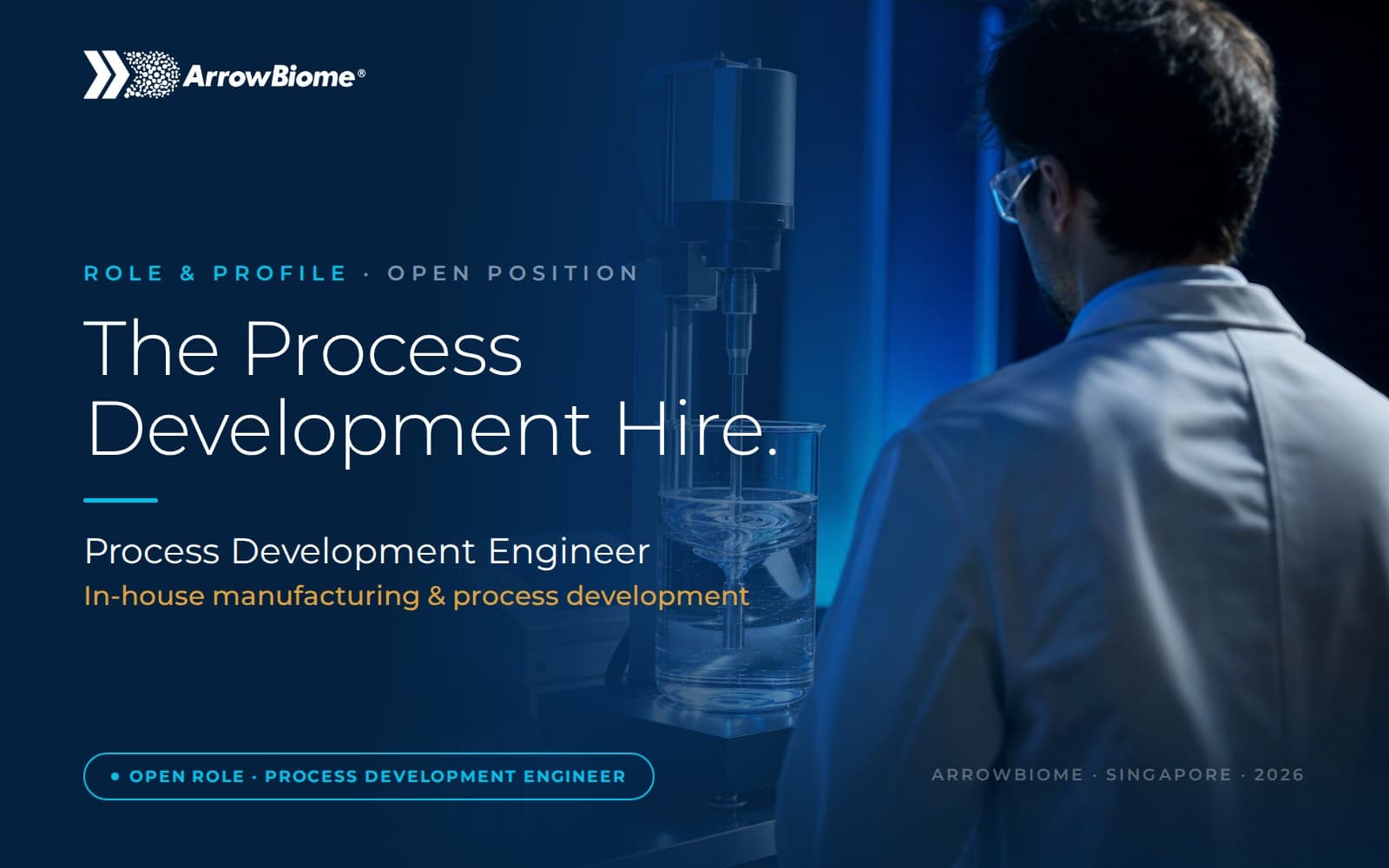 A process development engineer at a laboratory bench, running a clear, slightly viscous fluid under an overhead stirrer, lit in ArrowBiome navy and cyan — “The Process Development Hire”.